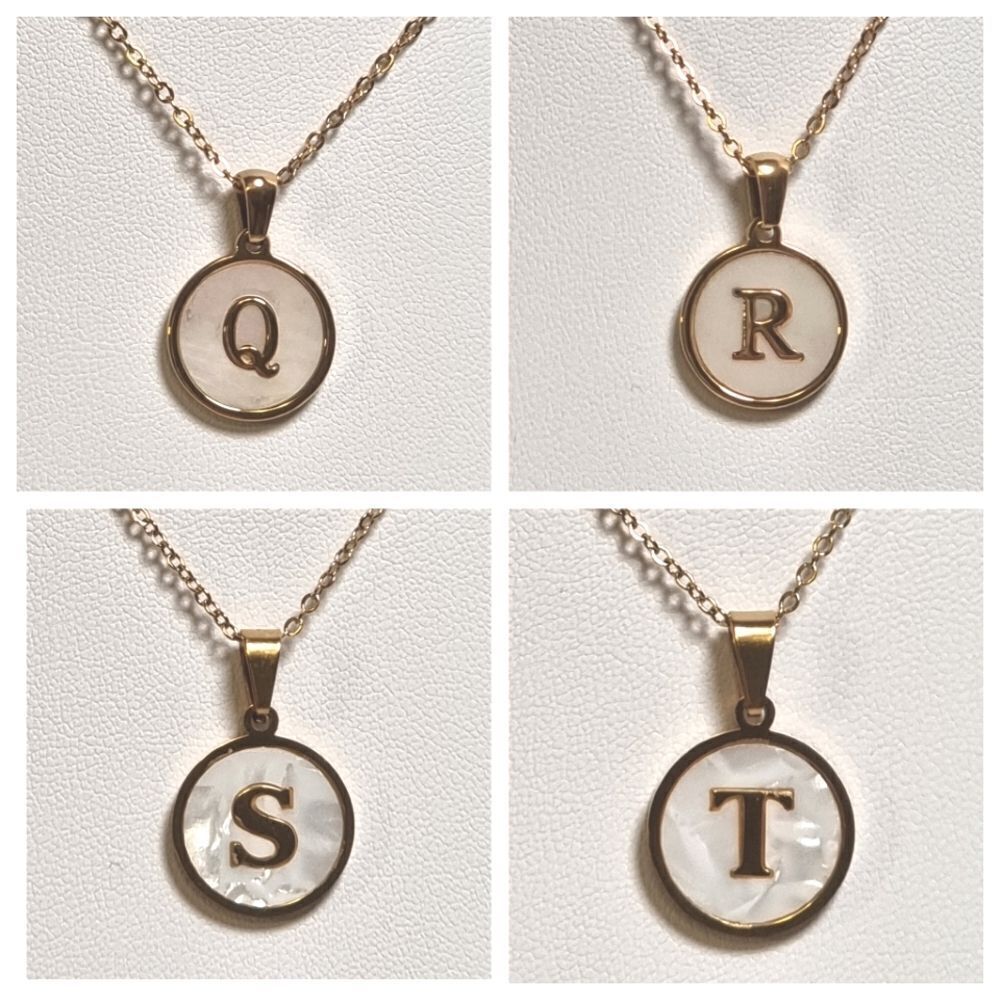 SHELL INITIAL PENDANT NECKLACE stainless steel gold plated Q R S or T